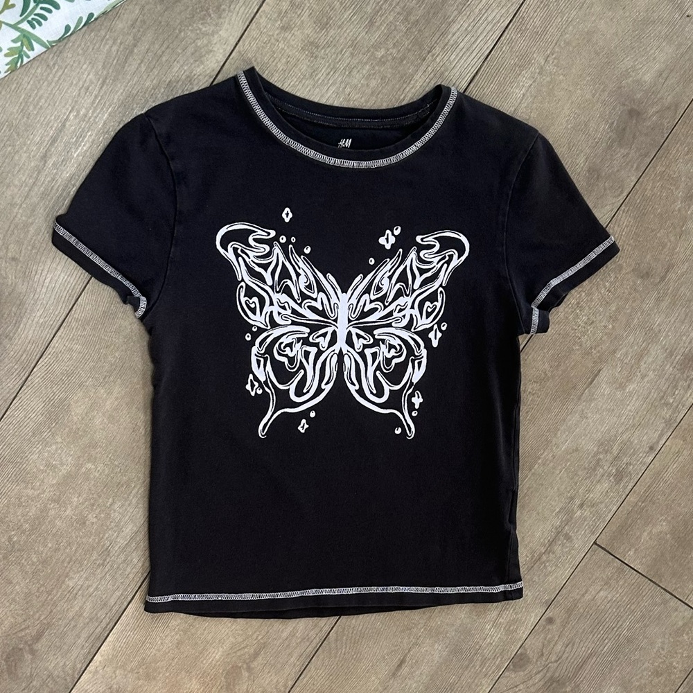 H&M Girls 90s Crop Butterfly Print T-Shirt Size 12/14
